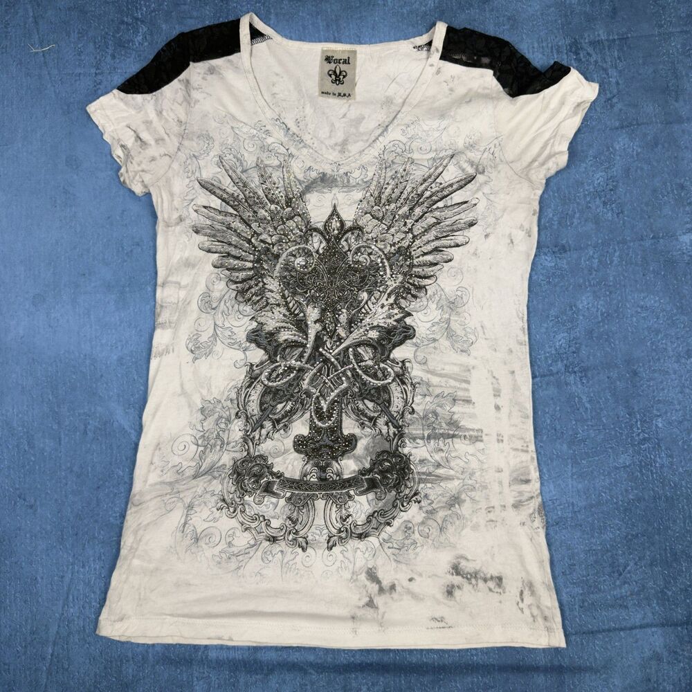 Y2K Vocal Rhinestone Wings Tee Womens S Made in USA Lace